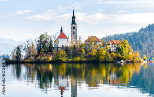 Lake Bled Slovenia. Beautiful mountain lake with small Pilgrimage Church.
