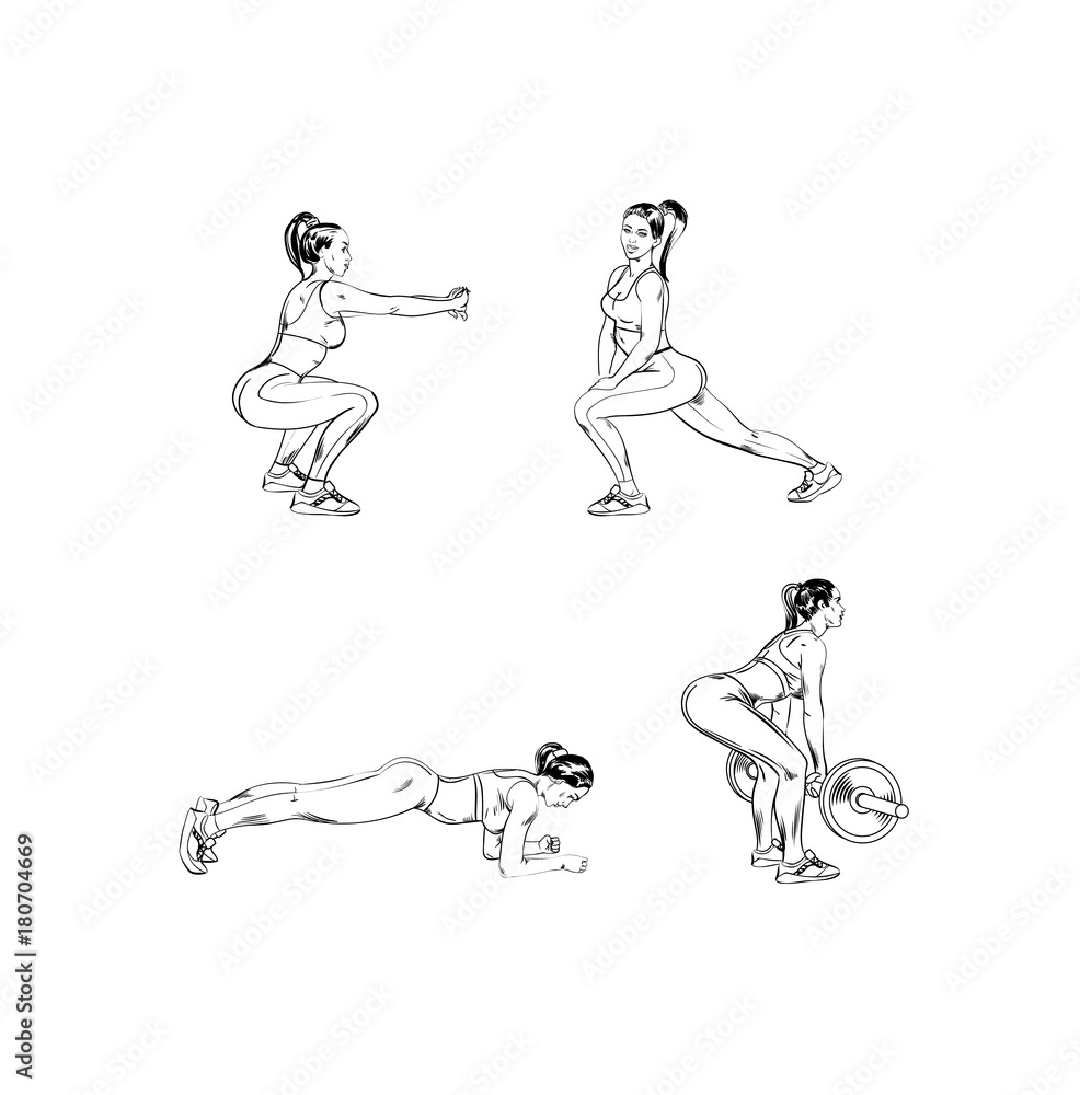 Girl in style of comic book make a fitness exercises. Vector illustration.