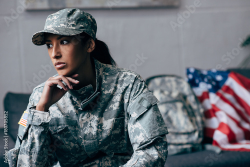 pensive african american female soldier