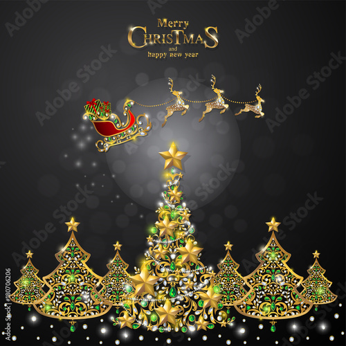 Christmas Greeting and New Years card templates with gold patterned and crystals on background color.