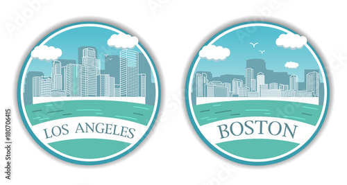 Down town American city with towers of skyscrapers. Seaside Urban city landscape. Harbor of agglomeration.A vector in flat style.Panorama with office buildings multystoried.