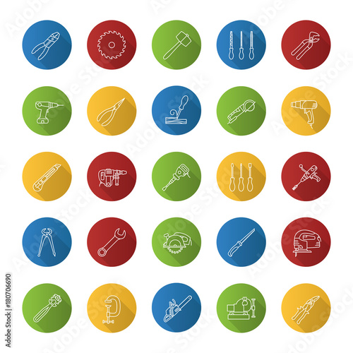 Construction tools flat linear long shadow icons set