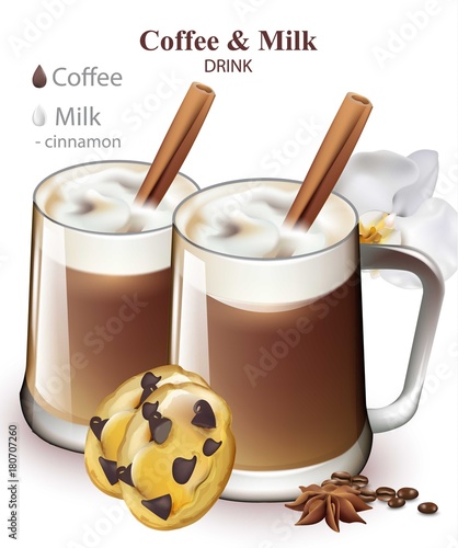 Milk and coffee drink with cinnamon flavor Vector. Beverage mix in Realistic ...
