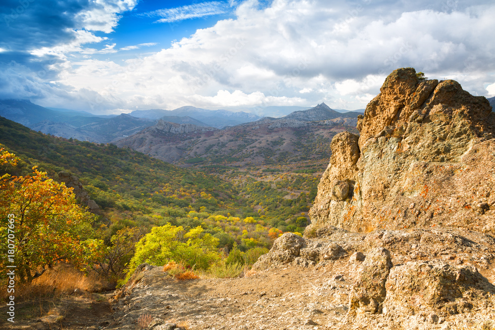 Rocks of the extinct volcano KaraDag in autumn, Crimea