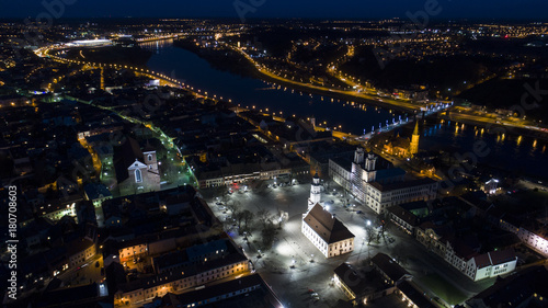 aerial view of old town of city at night