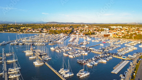 Aerial View of Yacht Club and Marina in Croatia, 4K. Biograd na moru