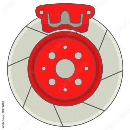 Car brakes disk with caliper.Icon repair,auto service,vehicle detail.In flat style vector.Automobile brake system isolated over white background