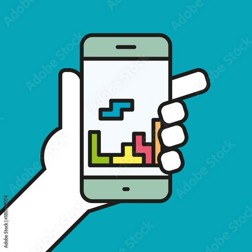 Hand holding smartphone gaming linear icon line vector illustration. Smartphone play game app symbol.