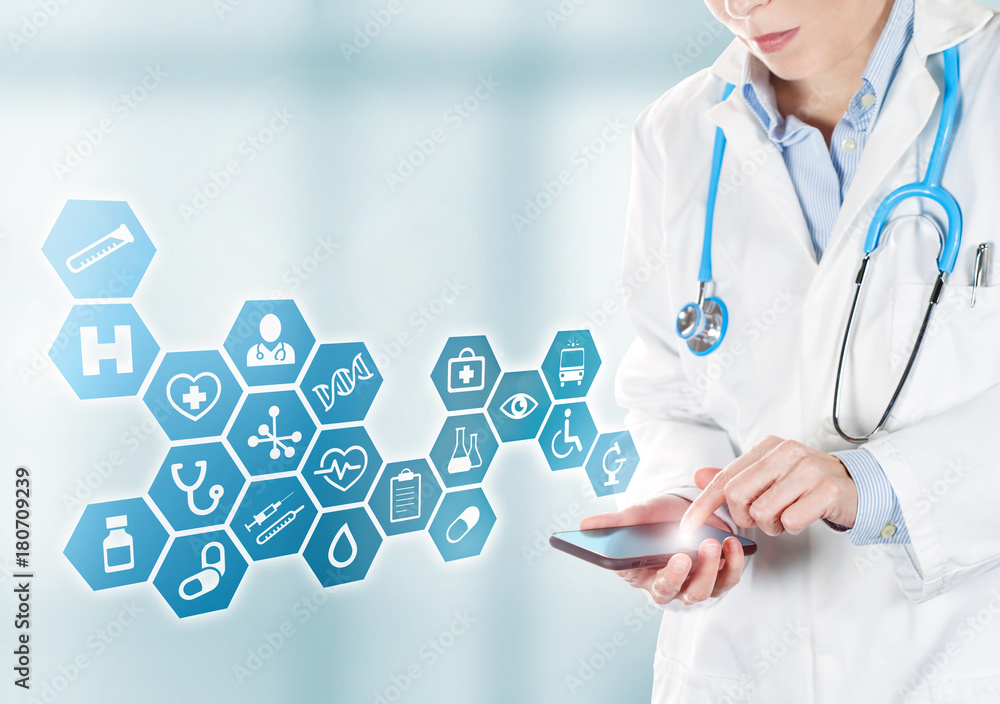 female doctor touching medical buttons on mobile female doctor touching medical buttons on mobile