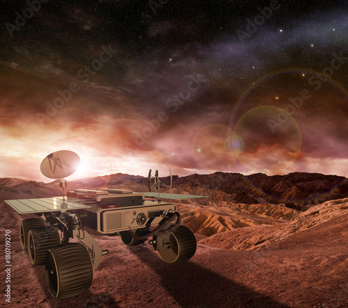 Fototapeta Naklejka Na Ścianę i Meble -  mars rover exploring planet surface