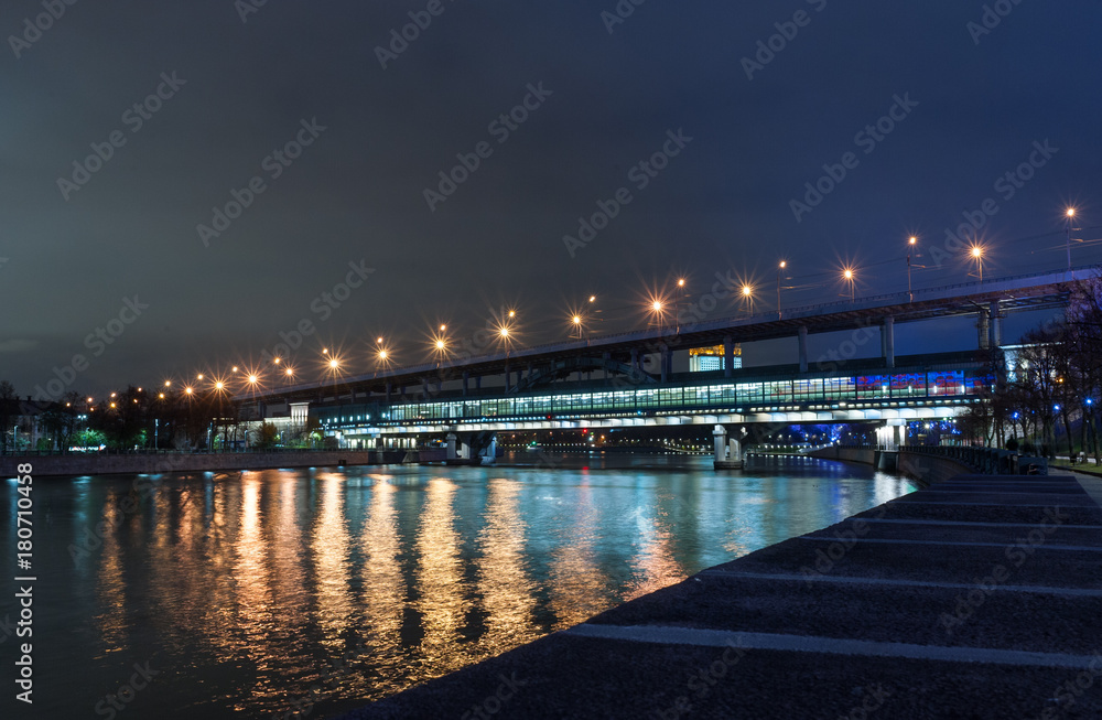 November 4, 2017 Moscow, Russia. Luzhniki Metro Bridge across the Moskva River in the  Vorobyovy Gory night.