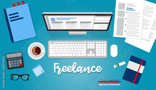 Freelance vector illustration in flat style with computer, notebook, papers, coffee cup, sketches, pens and pencils