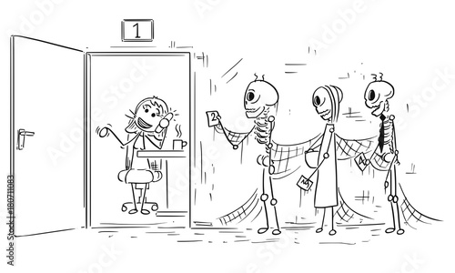 Cartoon Illustration of Three Skeletons of People Dying Waiting in Queue or  Line for Clerk to End Phone Call Stock Vector | Adobe Stock