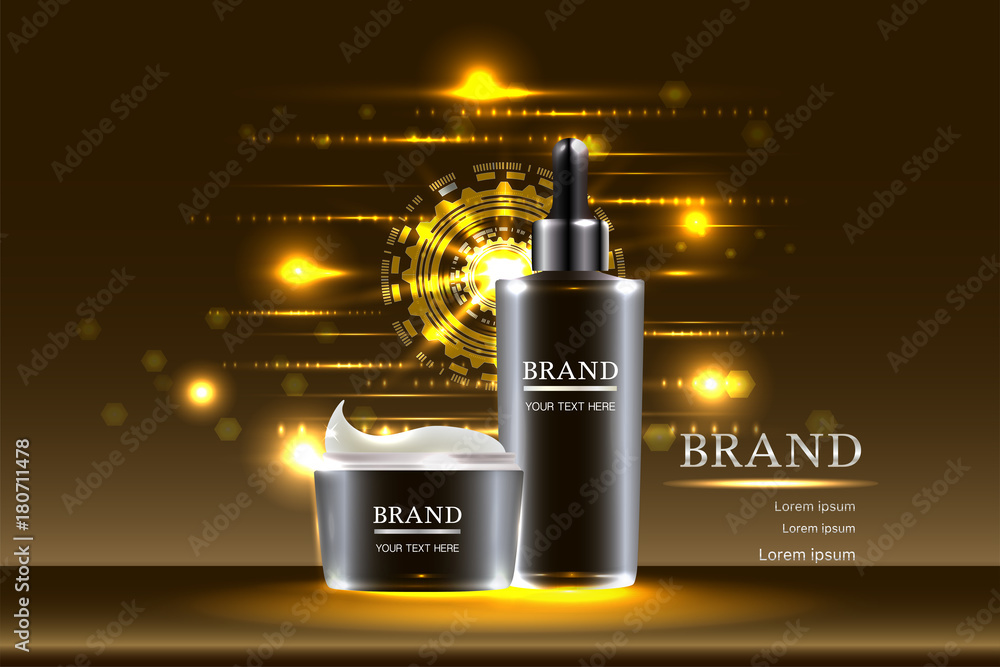 Black cosmetic containers with advertising background ready to use, luxury skin care ad design. Illustration vector.