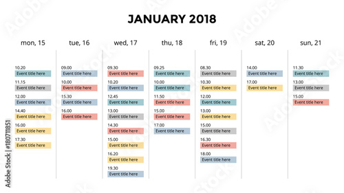 Calendar infographic, table chart, presentation chart. Business period concept. Task manager. Day, week, month. 2018 year. Time management. Organizer date diary. First day Monday.
