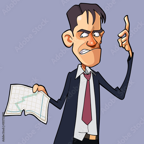 cartoon angry man shows a graph on a sheet of paper