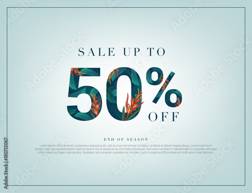 50% lettering handmade with leaves and flower tropical decoration. For Sale discount, Poster Banner Background, Sign and symbol. Luxury unique style, Green color, Vector illustration