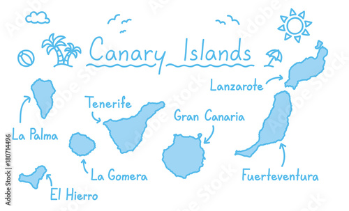 Canary islands map hand drawing doodle outline blue isolated travelling concept