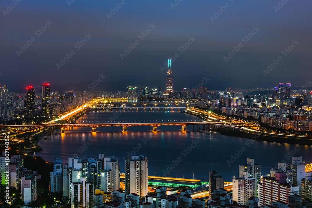 Morning Skyline Lotte World mall on the Han River Ganges In South Korea  ทวีปเอเชียทวีปเอเซียเอเชียความเป็นมาฉากหลังปูมหลังพื้นหลังภาพพื้นเดิมพื้นเพเดิมภูมิหลังรกรากเดิมหัวนอนปลายตีนเบื้องหน้าเบื้องหล