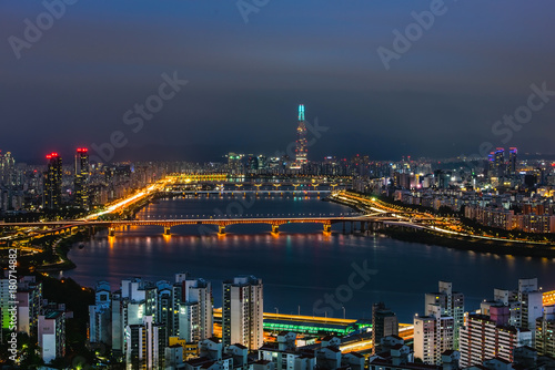 Morning Skyline Lotte World mall on the Han River Ganges In South Korea                                                                                                                                                                                                                                                                                                                                                                                               