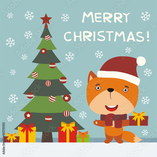 Merry Christmas! Cute fox with gift near the Christmas tree. Greeting card with funny fox in cartoon style. © coolpay