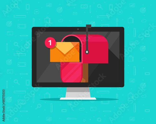Computer with mailbox on screen vector illustration, flat cartoon design desktop pc display with mail box, concept of new e-mail received, letter or newsletter message, internet email delivery, inbox