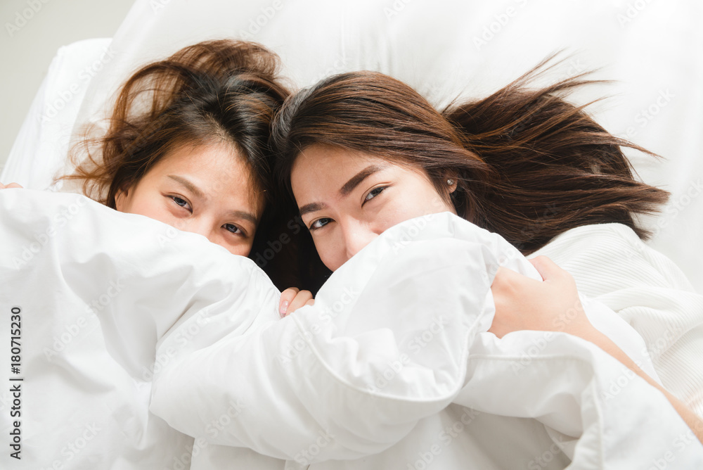 Top View Of Beautiful Young Asian Women Lesbian Happy Couple Showing