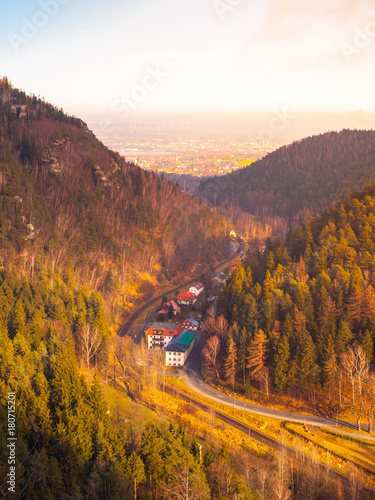 View from Oybin to Zittau. Beautiful Valley with railroad track. Germany.