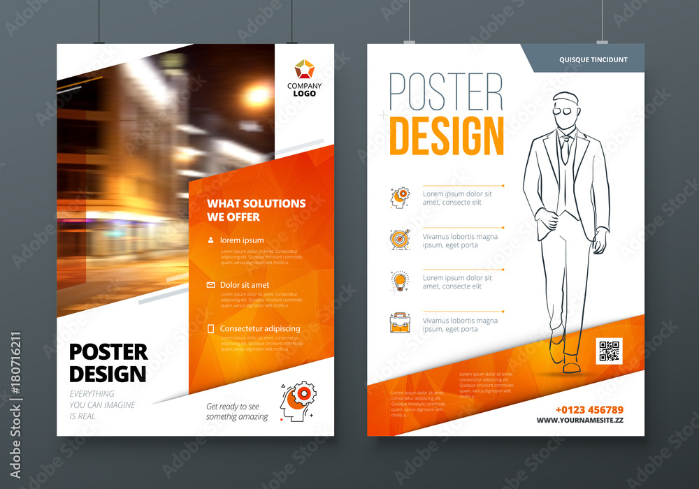 Vettoriale Stock Poster design. A3, A2, A1. Orange Corporate business  template for poster, banner, placard, billboard, movie poster. Layout with  modern elements and abstract triangle background. Creative concept | Adobe  Stock