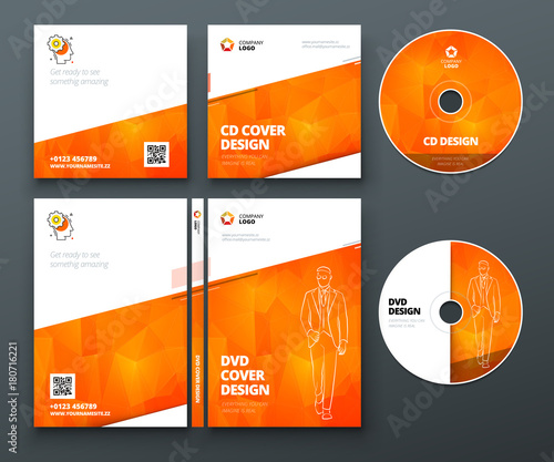 CD envelope, DVD case design. Orange Corporate business template for CD envelope and DVD case. Layout with modern triangle elements and abstract background. Creative vector concept