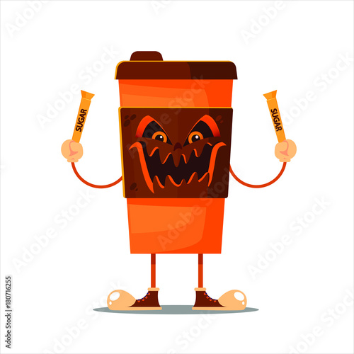 Cute and funny, angry strong cip of coffee with sugar in the hand, vector flat cartoon illustration isolated on white background