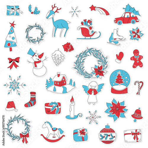 Christmas layered stickers set with gift box, xmas tree, deer, snowman, gingerbread cookie, candle, bell, poinsettia, sleigh, wreath and other. Can be used for advent calendar. Red and Blue