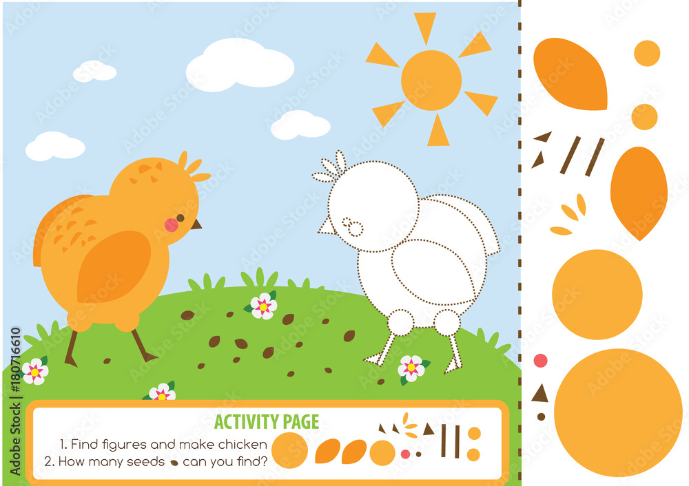 Activity page for kids with chicken. Educational children game. Counting and cutting. Learning shapes and mathematics. Activity page for kids with chicken. Educational children game. Counting and cutting. Learning shapes and mathematics.