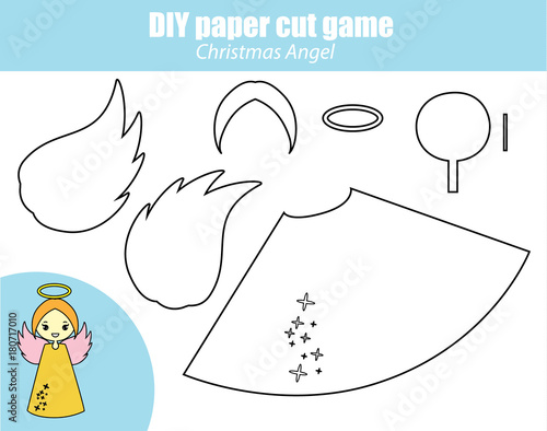 DIY children educational creative game. Paper cutting activity. Make a New Year, Christmas angel figure with glue
