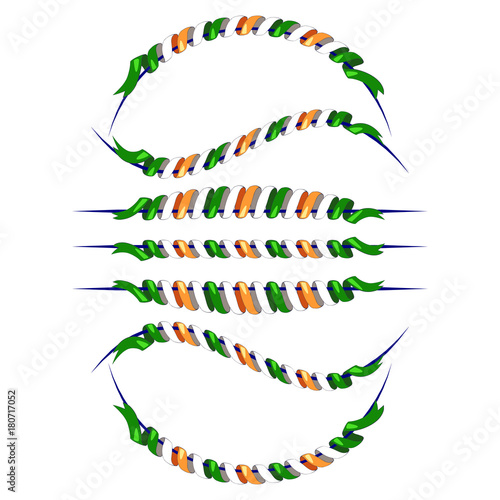 Set flat Indian twisted ribbons. Tricolors. In the form of garlands. Isolated on white. Beautiful decoration. Serpentine stripe. Round frame for text. Template for presentations.