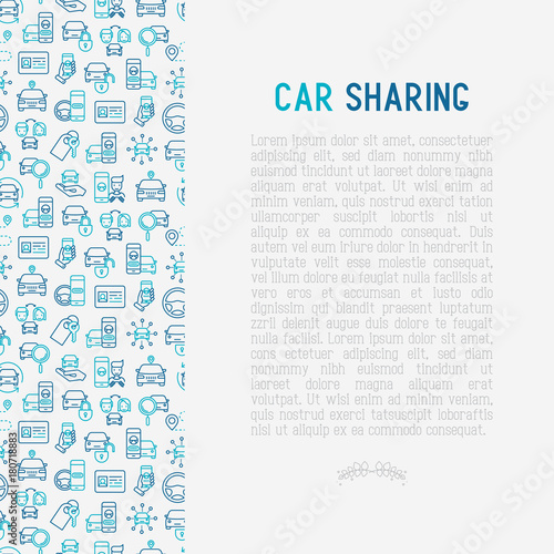 Car sharing concept with thin line icons of driver's license, key, blocked car, pointer, available, searching of car. Vector illustration for banner, web page, print media.