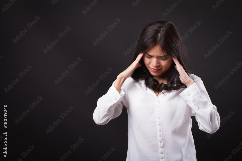 stressed woman with headache, vertigo, dizziness, migraine, hangover stressed woman with headache, vertigo, dizziness, migraine, hangover