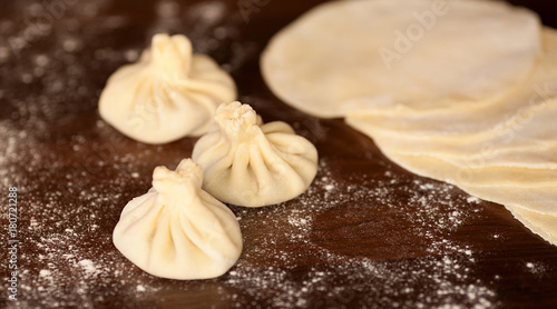 Khinkali is the national dish of Georgian cuisine. Products meat and dough with spices. Selective focus