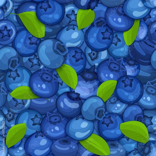 Ripe juicy blueberry seamless background. Vector card illustration. Closely spaced fresh berry and leaves. Blueberries pattern for packaging design food, juice jam ice cream, smoothies detox cosmetics