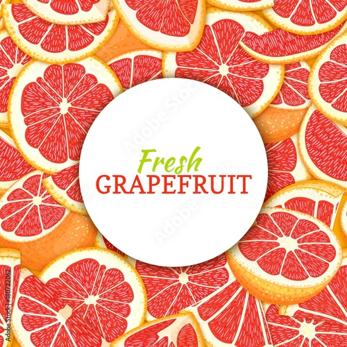 Round white label on citrus grapefruit background. Vector card illustration. Tropical fresh and juicy red pomelo frame peeled piece of half slice for d for packaging design healthy food, diet juce.