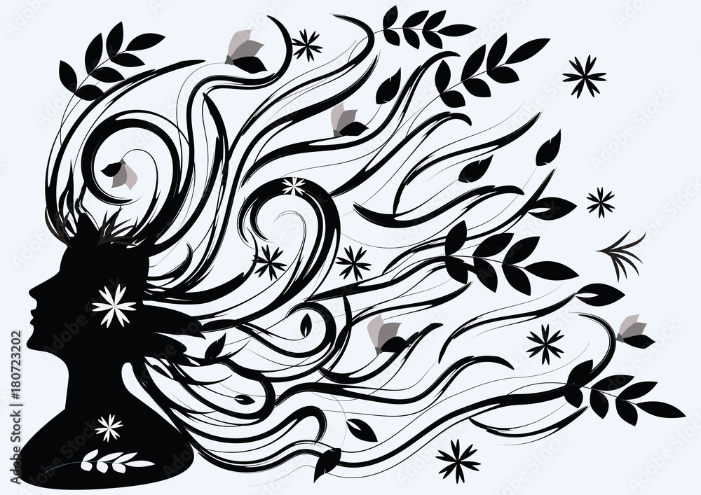 Female silhouette in profile with long hair and leaves - black on white ...