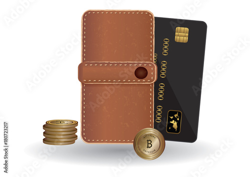wallet - credit card - bitcoin coins pile - isolated on white background - art vector