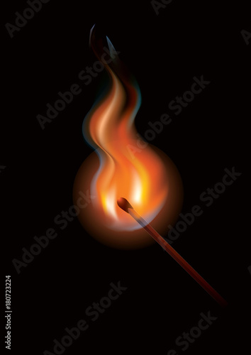 Burning match - isolated on black background - art vector