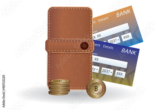 Bank colored cards in a realistic brown wallet and bitcoin pile - isolated - art vector