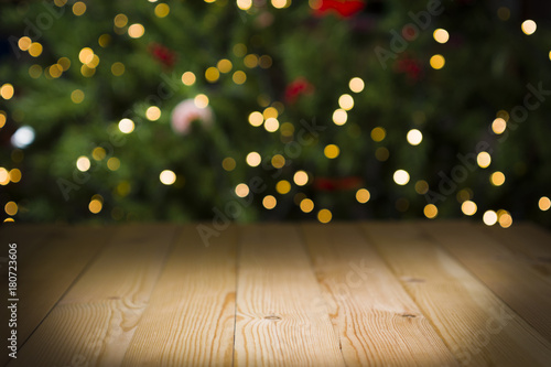 christmas table background with christmas tree bokeh