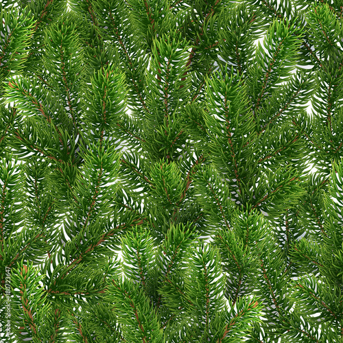 Seamless green pattern from Christmas tree branches. Realistic illustration. The branches of the pine are scattered randomly over the background. New Year wallpapers. Vector. EPS10