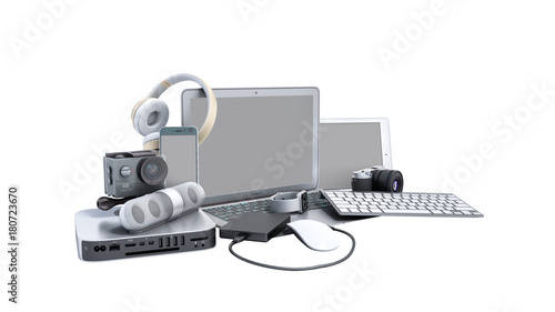 collection of consumer electronics 3D render on white no shadow background