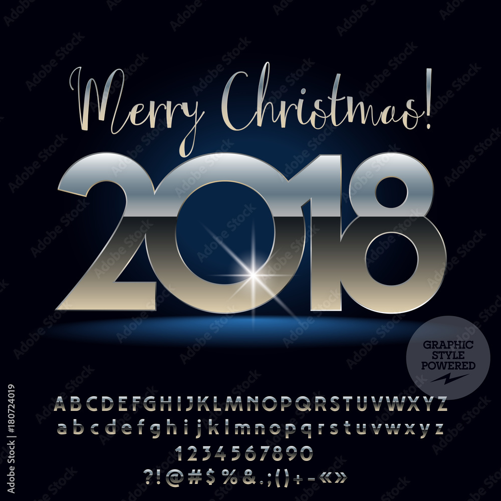 Naklejka Vector mysterious Merry Christmas 2018 Greeting Card with Alphabet set of Letters, Symbols and Numbers. Silver Font contains Graphic Style