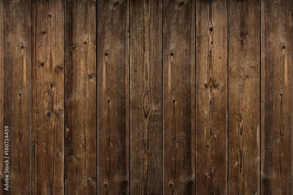 Naklejka premium Brązowa struktura drewna. Abstrakcjonistyczny tło, pusty szablon. rustykalne wyblakły tle drewna stodoły z węzłów i otworów paznokci. Zbliżenie ściany wykonane z drewnianych desek.