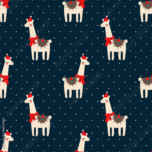 Cute lama with xmas hat seamless pattern on dark blue polka dots background. Vector baby animal illustration for kids. Child drawing style lama. Design for fabric, wallpaper, textile and decor.